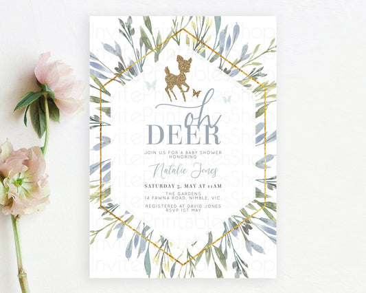 Fawn Baby Shower Invitation Deer Baby Shower Invites Enchanted Forest Theme Butterfly Pastel Flowers Whimsical Baby Shower D10534