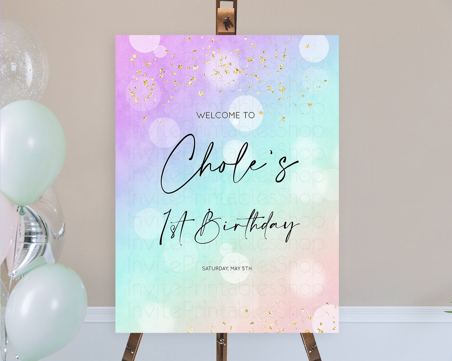 Pastel Welcome Sign Pastel Rainbow Welcome Sign Colorful Rainbow Confetti Watercolor Glitter Pastel First Birthday Welcome Sign D10618