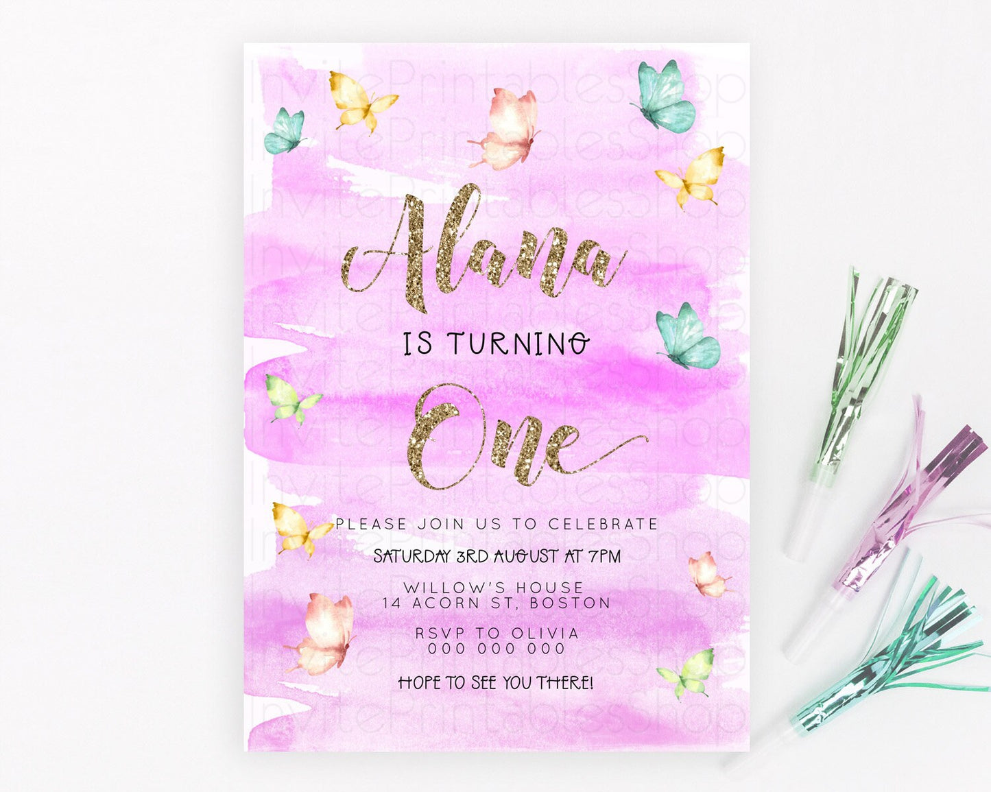 Pastel Butterfly Birthday Invitation Butterfly Birthday Invitation Colorful Splash Glitter Butterfly Garden 1st 2nd Birthday D23232