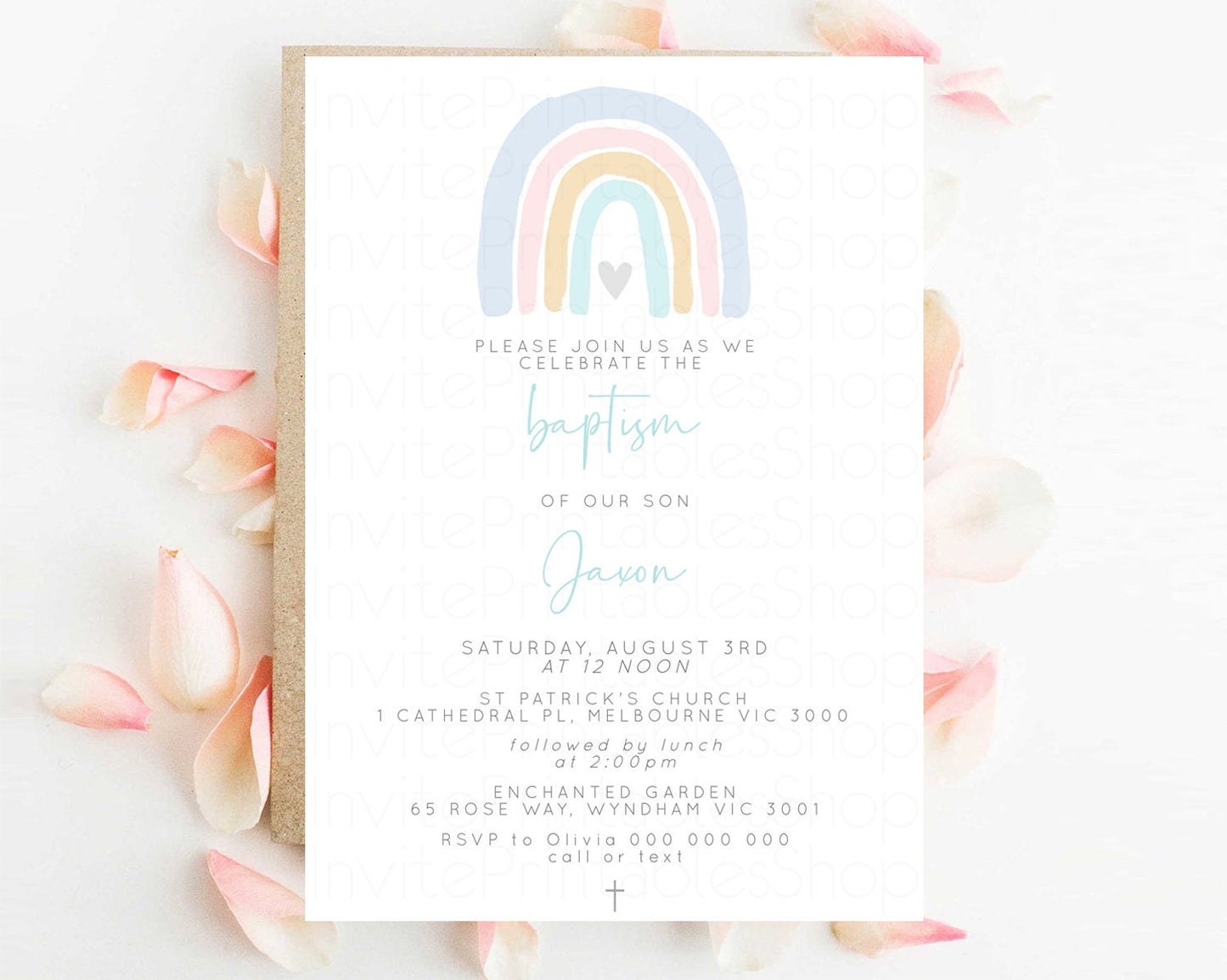 Rainbow Baptism Invitation Pastel Rainbow Christening Invitation Watercolor Boho Rainbow Invite Pastel Colors Rainbow Heart Invite Cross 19