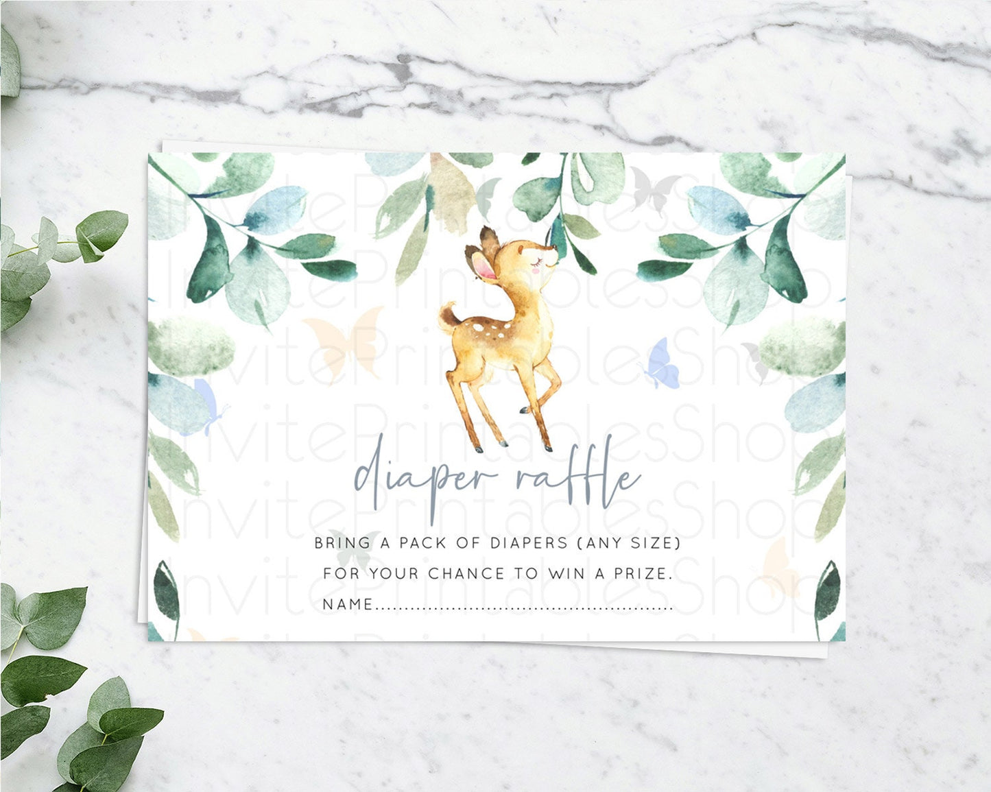 Fawn Diaper Raffle Card Deer Diaper Insert Floral Deer Diaper Ticket Enchanted Forest Butterfly Pastel Baby Shower Raffle Game D10767