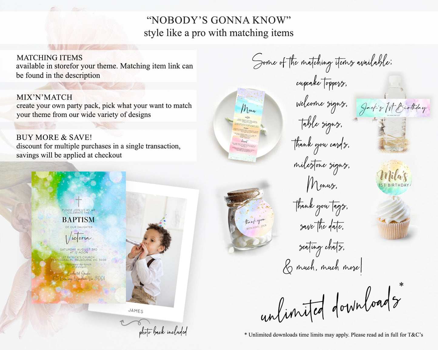 Rainbow Baptism Invitation Colorful Pastel Watercolor Baptism 1st Birthday Invitation Iridescent Glitter Sprinkles Ombre Christening D10692