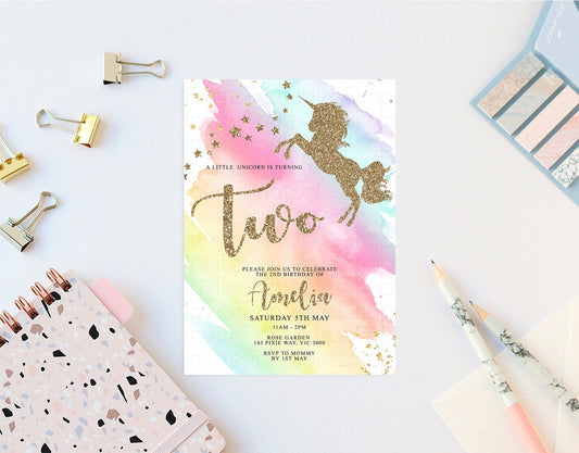Rainbow Unicorn Birthday Invitation Pastel Birthday Invitation Colorful Watercolor Invite Ombre Pastel Invitation Glitter Sprinkles Invite