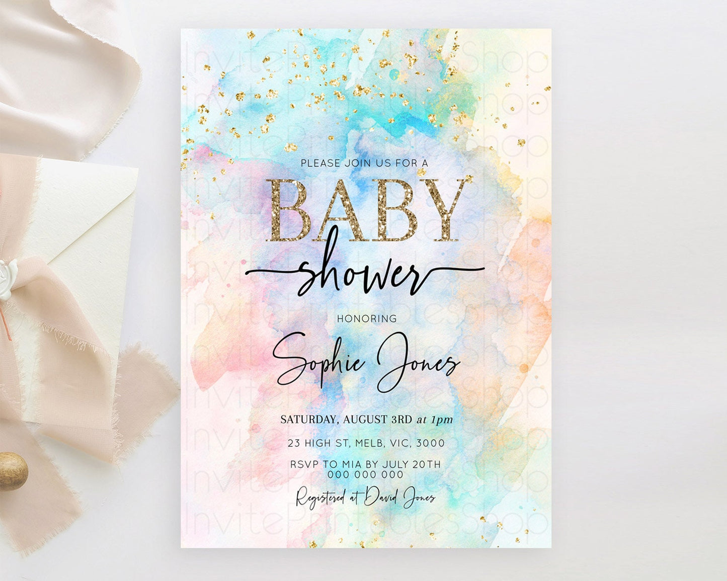 Pastel Baby Shower Invitation Rainbow Baby Shower Invitation Colorful Pastel Watercolor Invitation Gold Glitter Sprinkles Ombre D10260