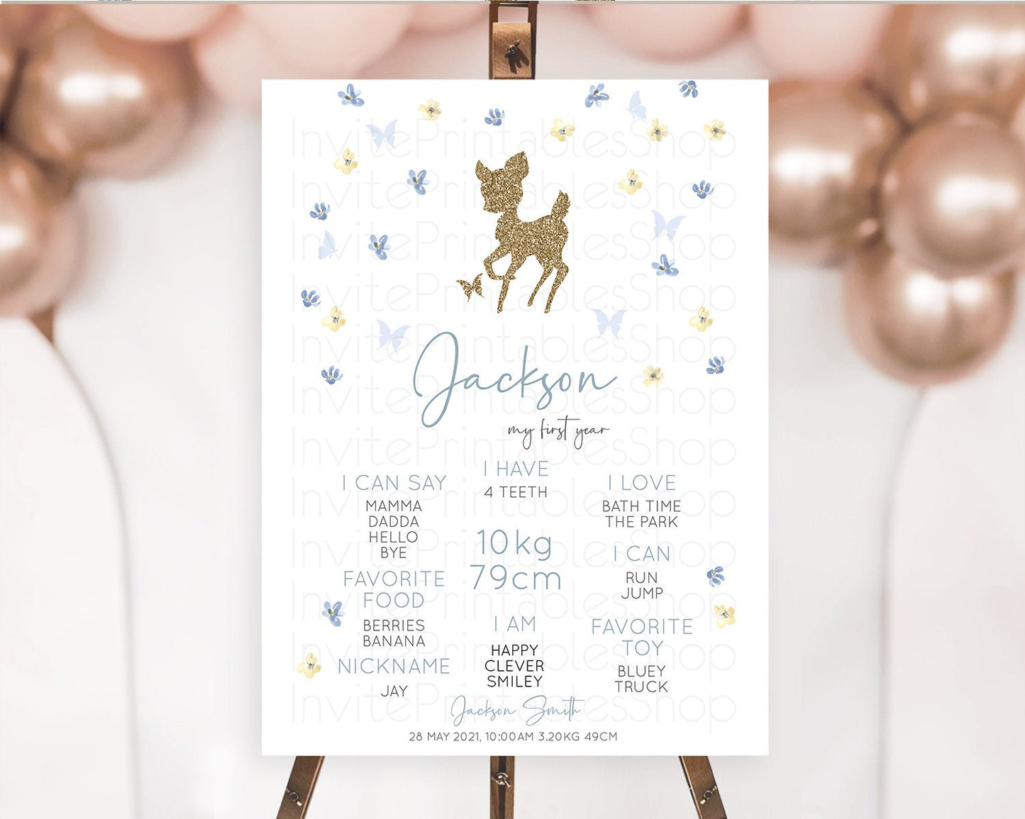 Fawn First Birthday Milestone Board Deer First Birthday Milestone Poster Enchanted Forest Butterfly Pastel Flowers 1st Birthday Sign D10864