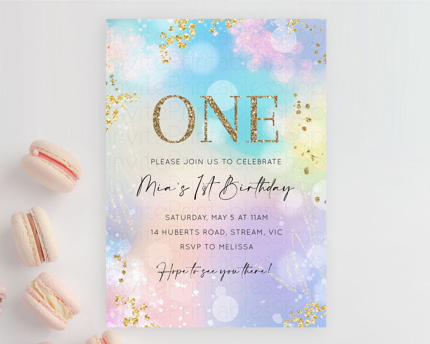 Rainbow Birthday Invitation Colorful Pastel Watercolor Invitation Gold Glitter Sprinkles Ombre Pastel 1st 2nd 3rd Birthday D10675