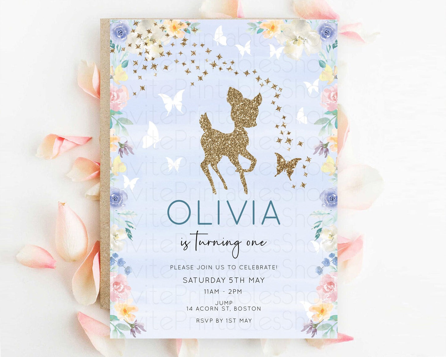 Fawn Birthday Invitation Deer Birthday Invitation Enchanted Forest Party Butterfly Pastel Flowers Whimsical 2nd 1st First Birthday D10879