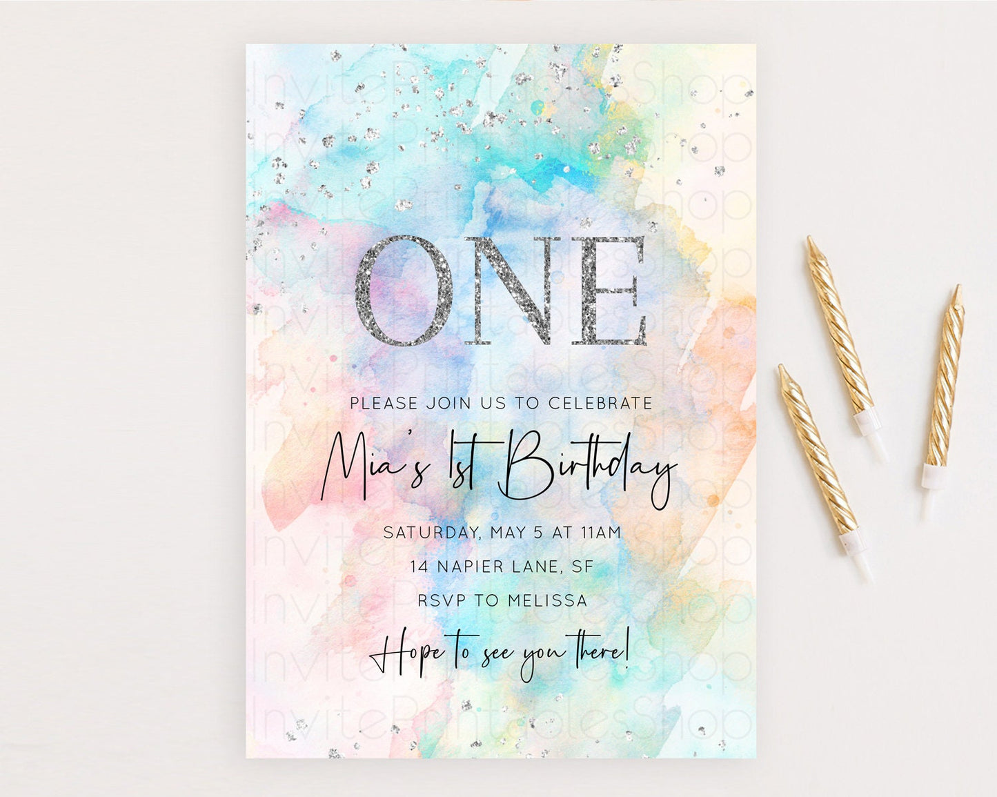 Rainbow Birthday Invitation Colorful Pastel Watercolor Silver Glitter Sprinkles Ombre Pastel Invitation 1st 2nd 3rd First Birthday D11031