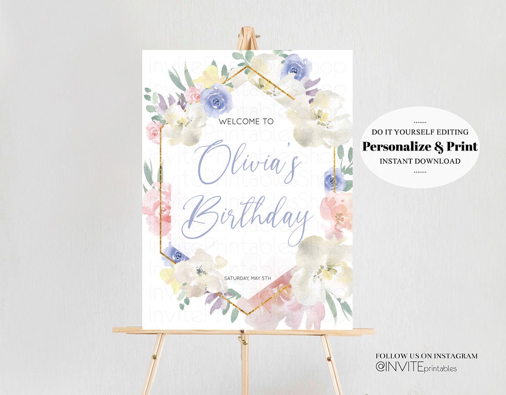 Editable Floral Birthday Board Pastel Watercolor Welcome Sign Enchanted Gard