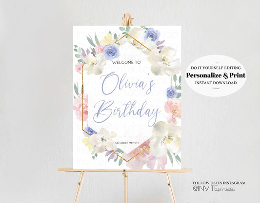 Editable Floral Birthday Board Pastel Watercolor Welcome Sign Enchanted Gard