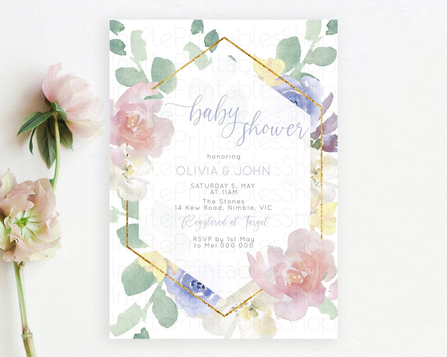 Wildflower Baby Shower Invitation, Secret Garden, Organic Pastel Colors, Flowers in Pink, Blue, Leafy Greens Floral Botanical Theme D10254