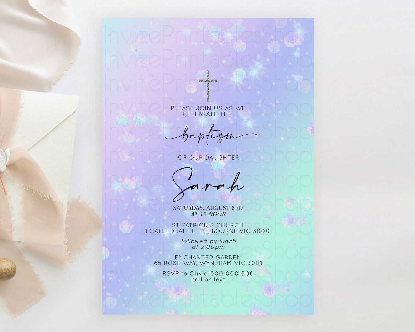 Rainbow Baptism Invitation Colorful Pastel Watercolor Baptism 1st Birthday Invitation Iridescent Glitter Sprinkles Ombre Christening D10663