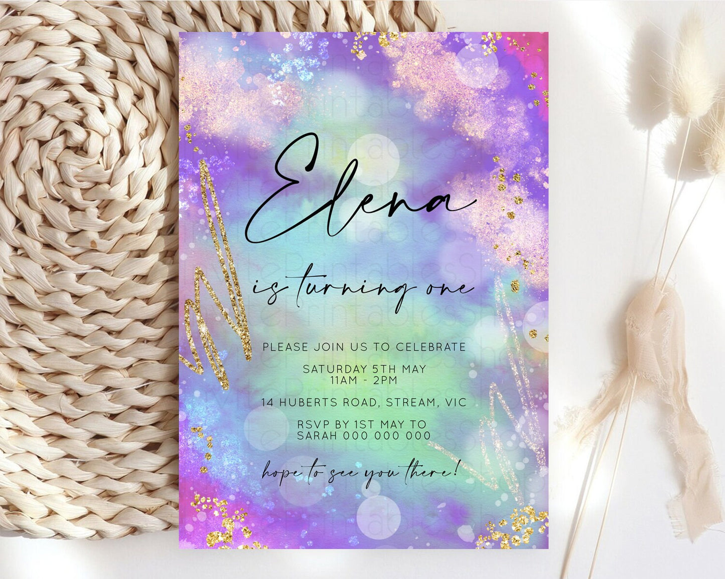 Rainbow Birthday Invitation Colorful Pastel Watercolor Invitation Gold Glitter Sprinkles Ombre Pastel 1st 2nd 3rd Birthday D10680