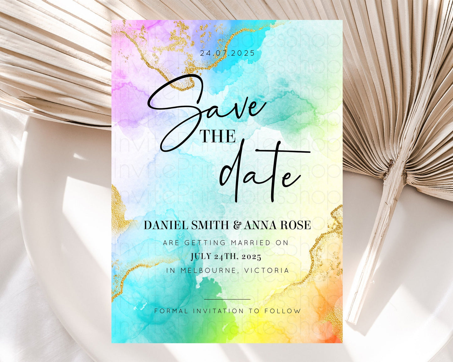 Pastel Save The Date Template Pastel Ombre Rainbow Watercolor Colorful Party For Birthday Baptism Baby Shower Wedding Bridal Shower D10393