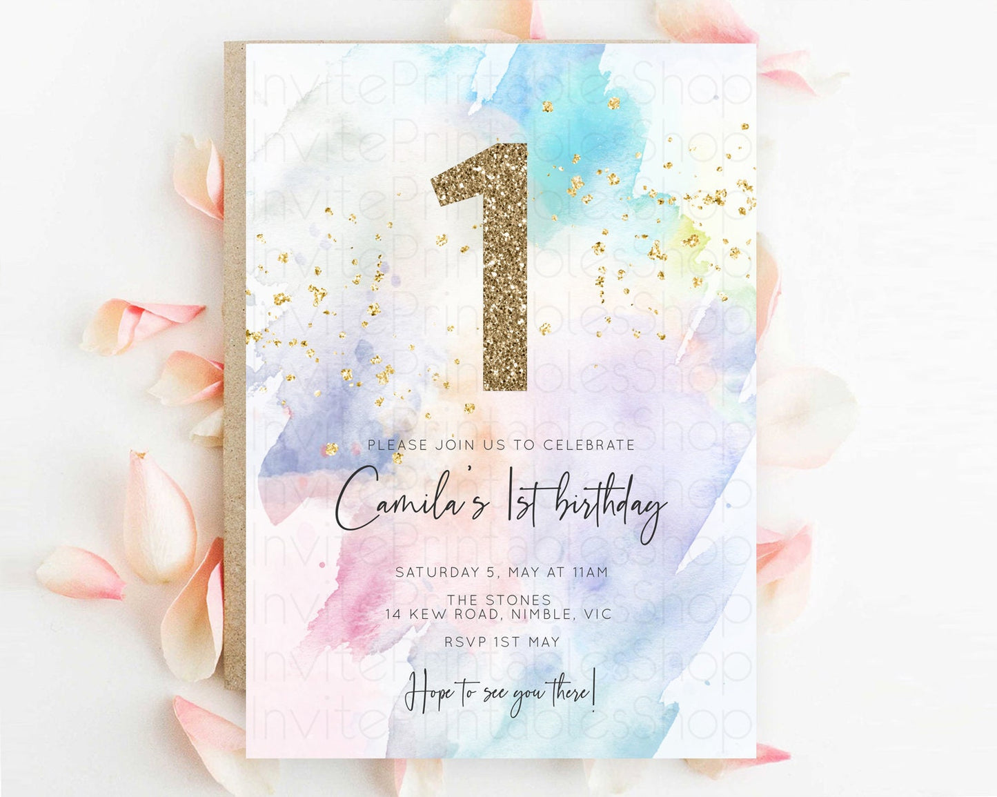 Rainbow Birthday Invitation Colorful Pastel Watercolor Invitation Gold Glitter Sprinkles Ombre Pastel 1st 2nd 3rd Birthday D10424