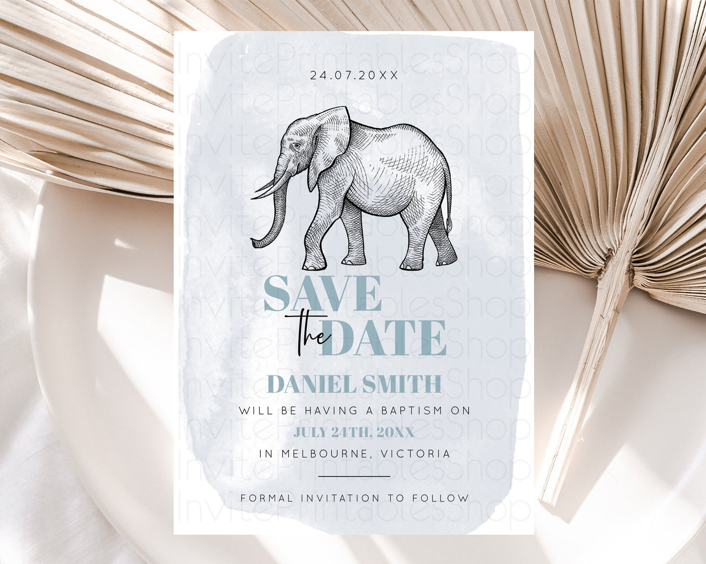 Elephant Save The Date Template Elephant Safari Adventure Party Dried Palm Fern Zoo 1st Birthday Baptism Baby Shower Bridal Shower D10811