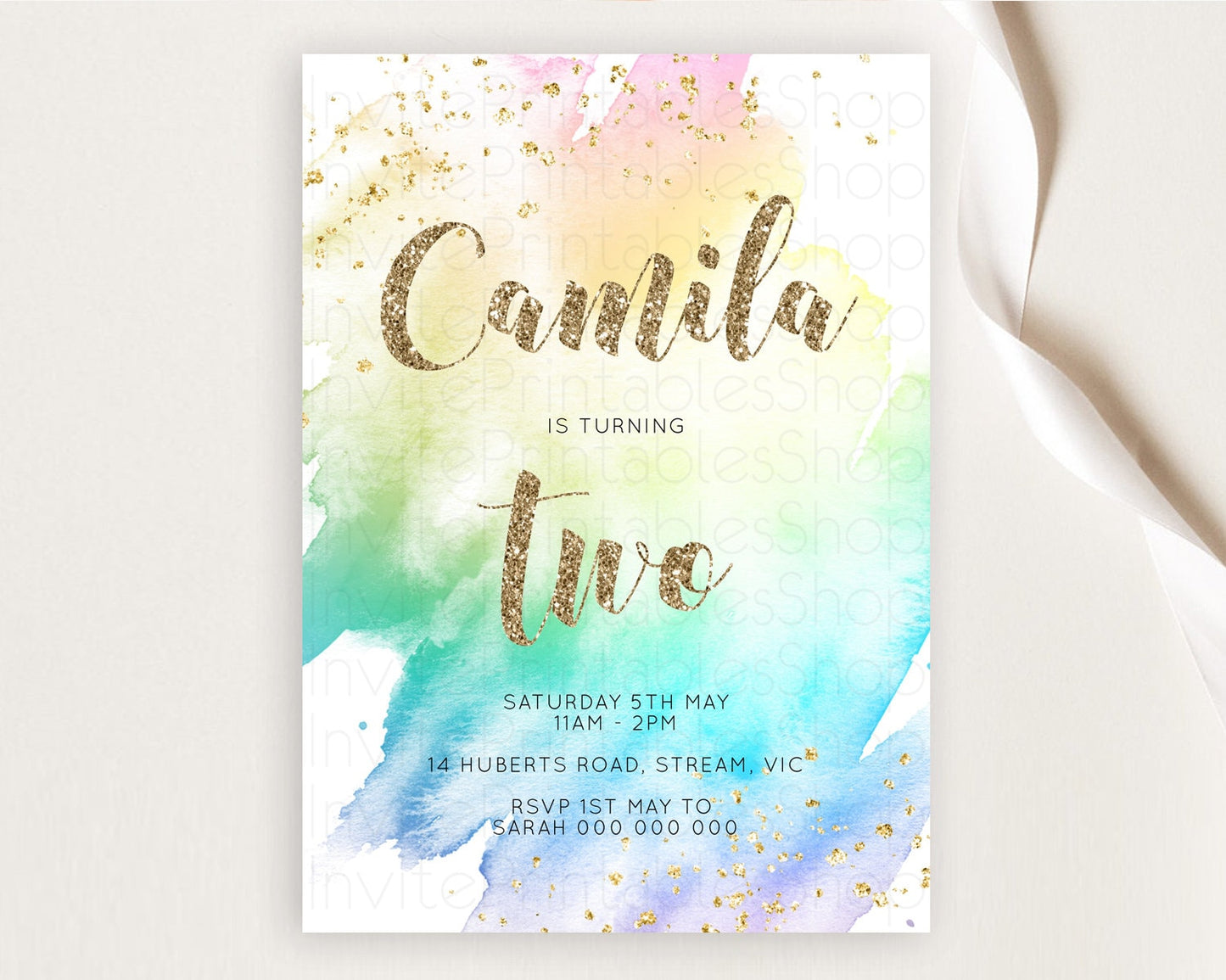 Rainbow Birthday Invitation Colorful Pastel Watercolor Invitation Gold Glitter Sprinkles Ombre Pastel 1st 2nd 3rd Birthday D10259