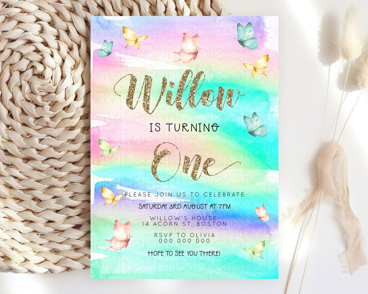 Pastel Butterfly Birthday Invitation Butterfly Birthday Invitation Colorful Splash Glitter Butterfly Garden 1st 2nd Birthday D23214