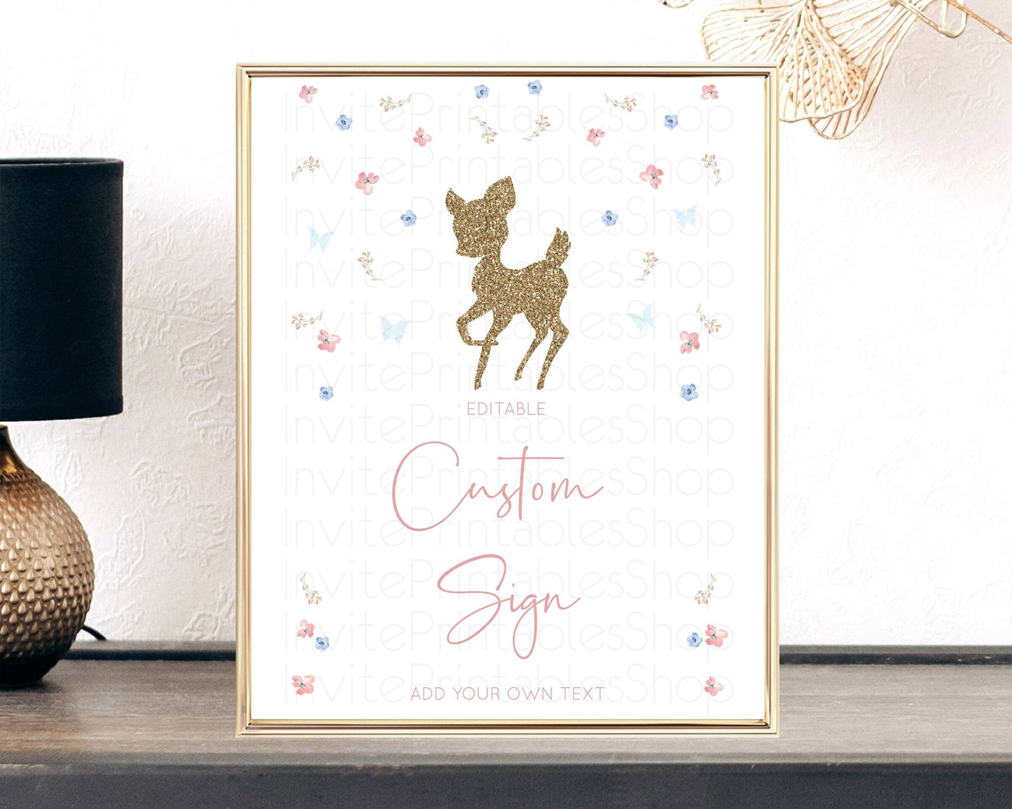 Fawn Deer Sign Pastel Floral Deer Table Sign Decor Enchanted Forest Butterfly Party 1st Birthday Baptism Baby Shower Bridal Shower D10359
