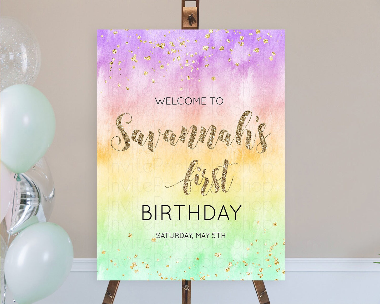 Pastel Welcome Sign Pastel Rainbow Welcome Sign Colorful Rainbow Confetti Watercolor Glitter Pastel First Birthday Welcome Sign D10512
