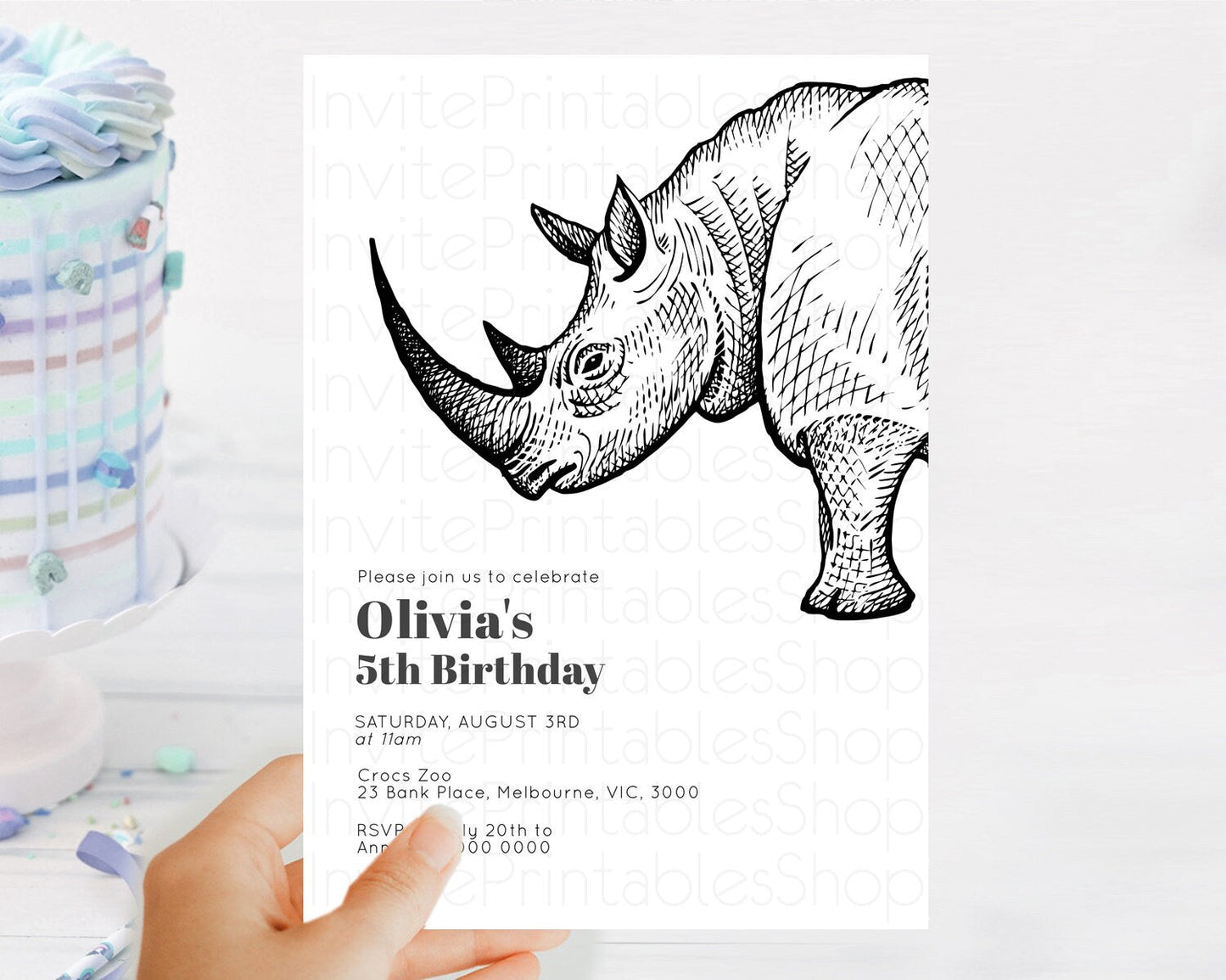 Rhino Birthday Invitation Rhino Invitation Rhino Birthday Rhino Safari Adventure Invite Rhino Palm Leaf Invite Zoo Party D10253