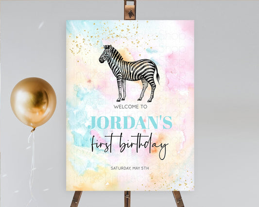 Zebra Welcome Sign Pastel Zebra Welcome Board Safari Décor Colorful Rainbow Pastel Watercolor Zebra First Birthday Welcome Sign D10281