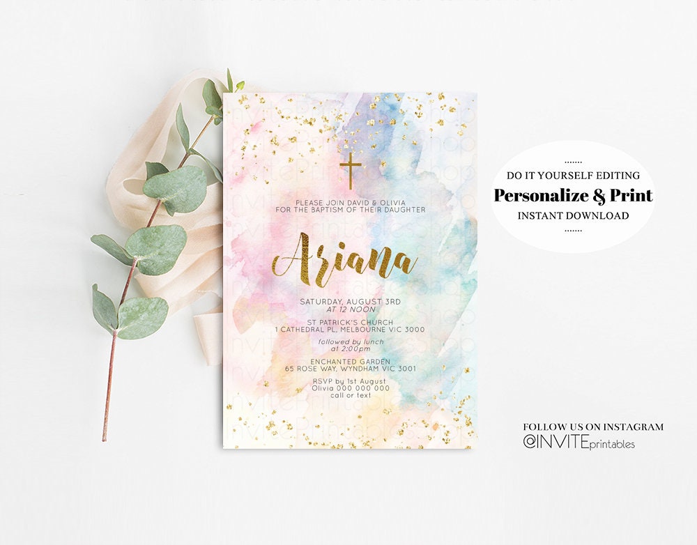 Rainbow Baptism Invitation Colorful Watercolor Christening Invitation Pastel Invite Splash Gold Splatter Foil Communion Orthodox Cross 276