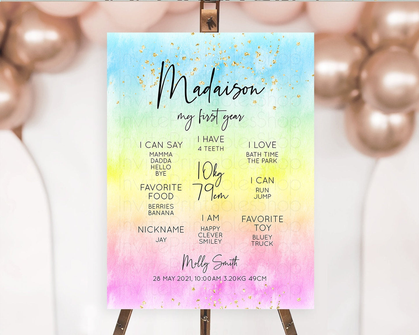 Pastel First Birthday Milestone Board Pastel Rainbow Milestone Poster Colorful Confetti Watercolor Glitter 1st Birthday Welcome Sign D10480