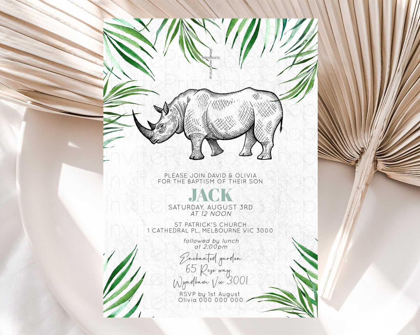 Rhino Baptism Invitation Rhino Baptism 1st Birthday Invitation Rhino Safari Adventure Christening Invitation Palm Leaf Invite Zoo D10848