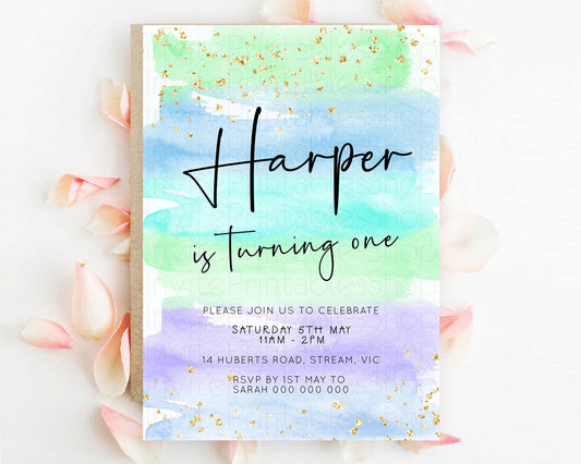 Pastel Birthday Invitation Ombre Watercolor Birthday Invitation Glitter Rainbow Color Splash 1st 2nd 3rd Birthday Invitation D23043