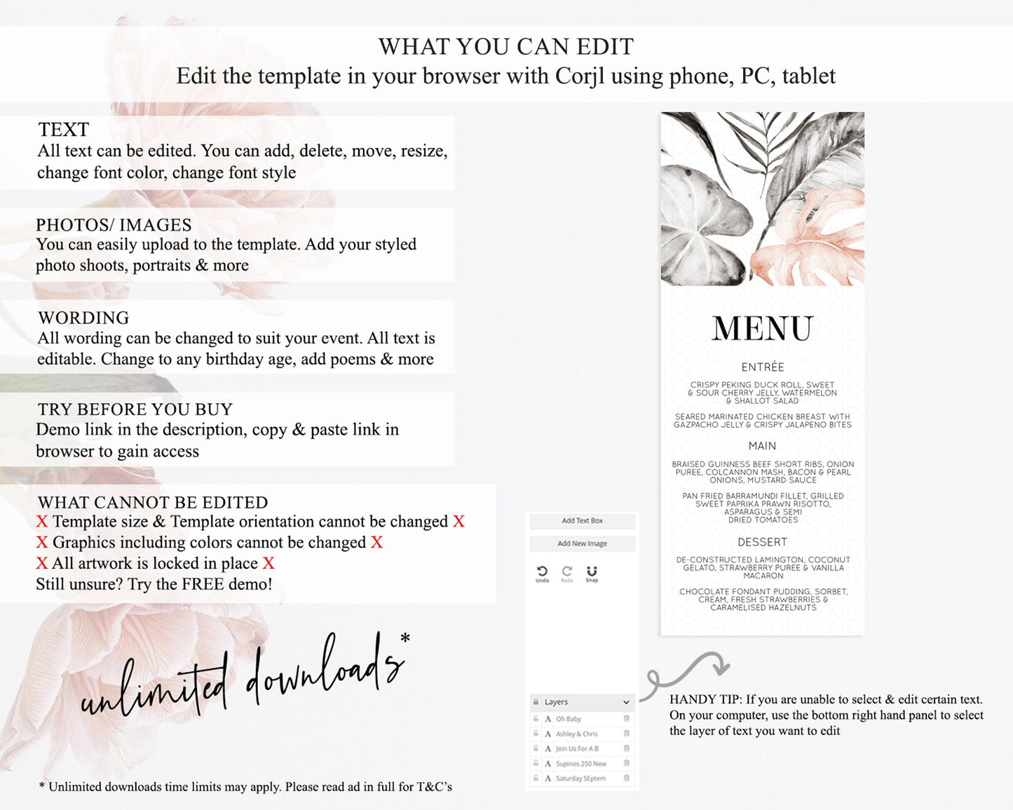 Tropical Menu Template Tropical Menu Palm Leaf Fern Table Decor Frangipani Floral White Orchid Dinner Dessert Menu Party Food Menu D11065