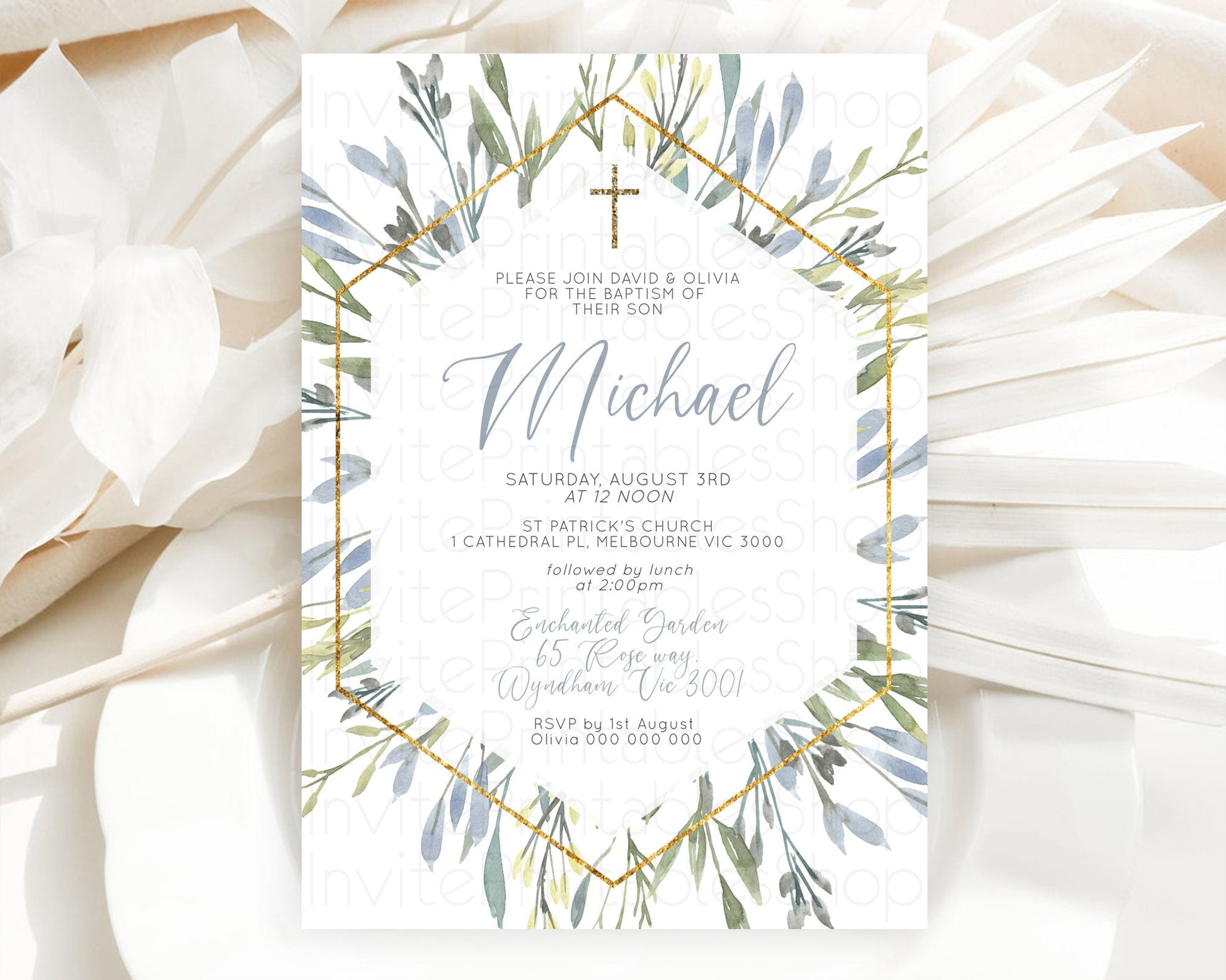 Editable Leafy Baptism Invitation Leafy Simple Greenery Baptism 1st Birthday