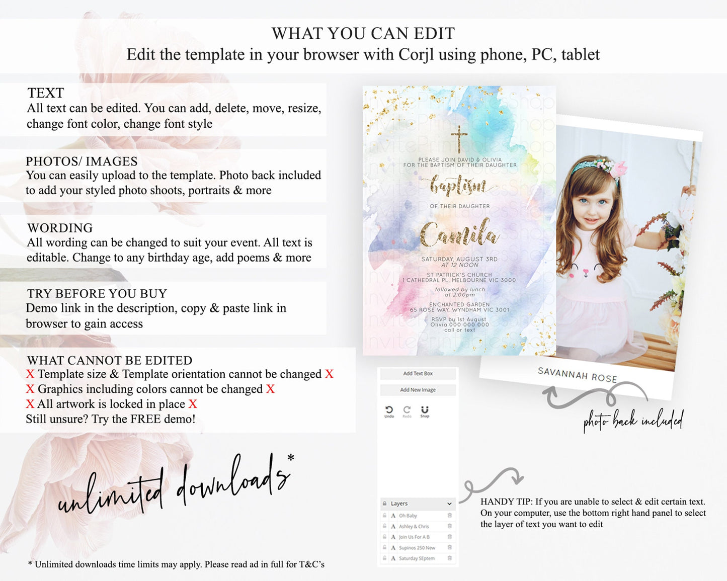 Pastel Baptism Invitation Pastel Colors Watercolor Baptism 1st Birthday Party Gold Ombre Pastel Rainbow Christening Holy Communion D10421