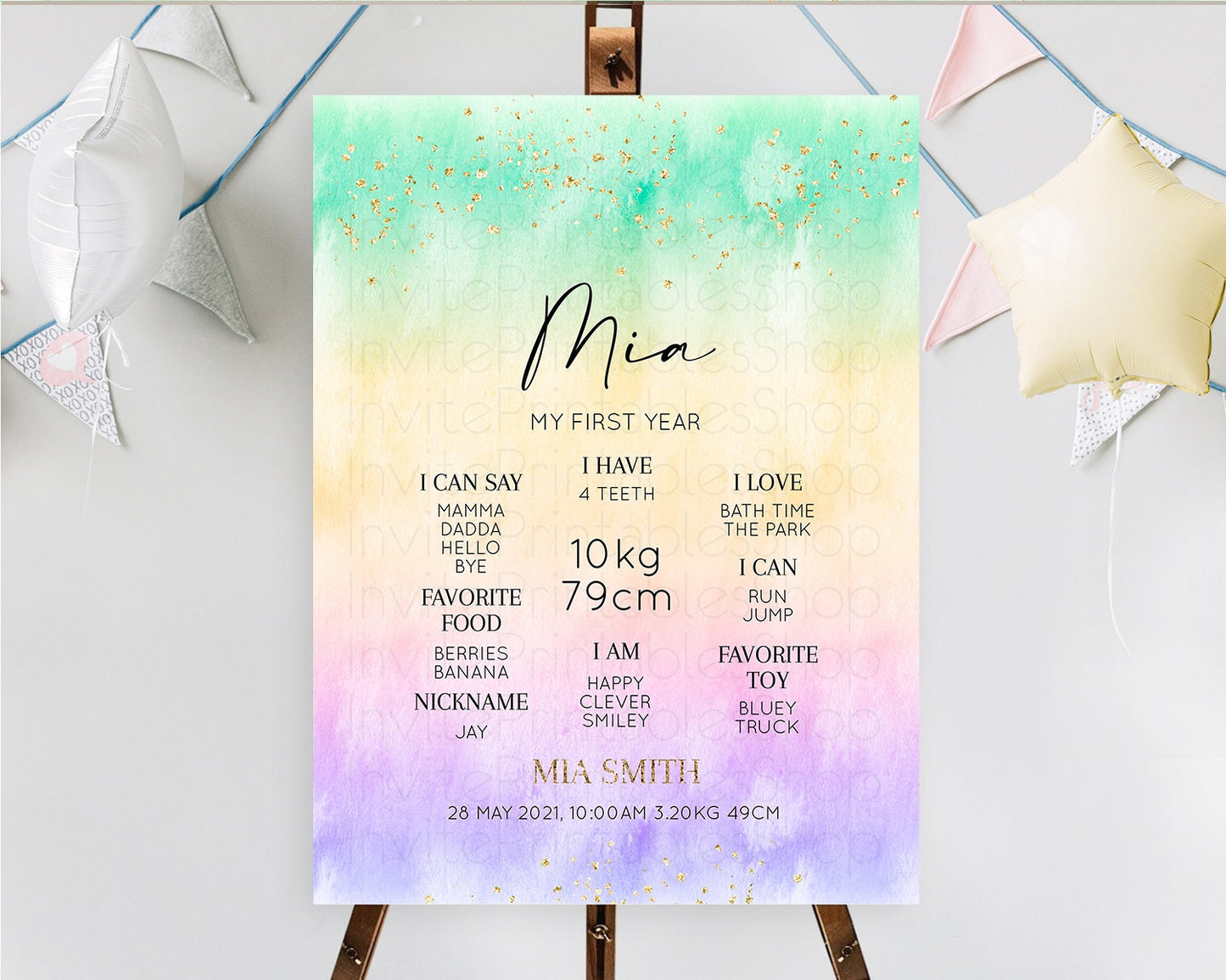 Editable Pastel First Birthday Milestone Board Pastel Rainbow Milestone Post