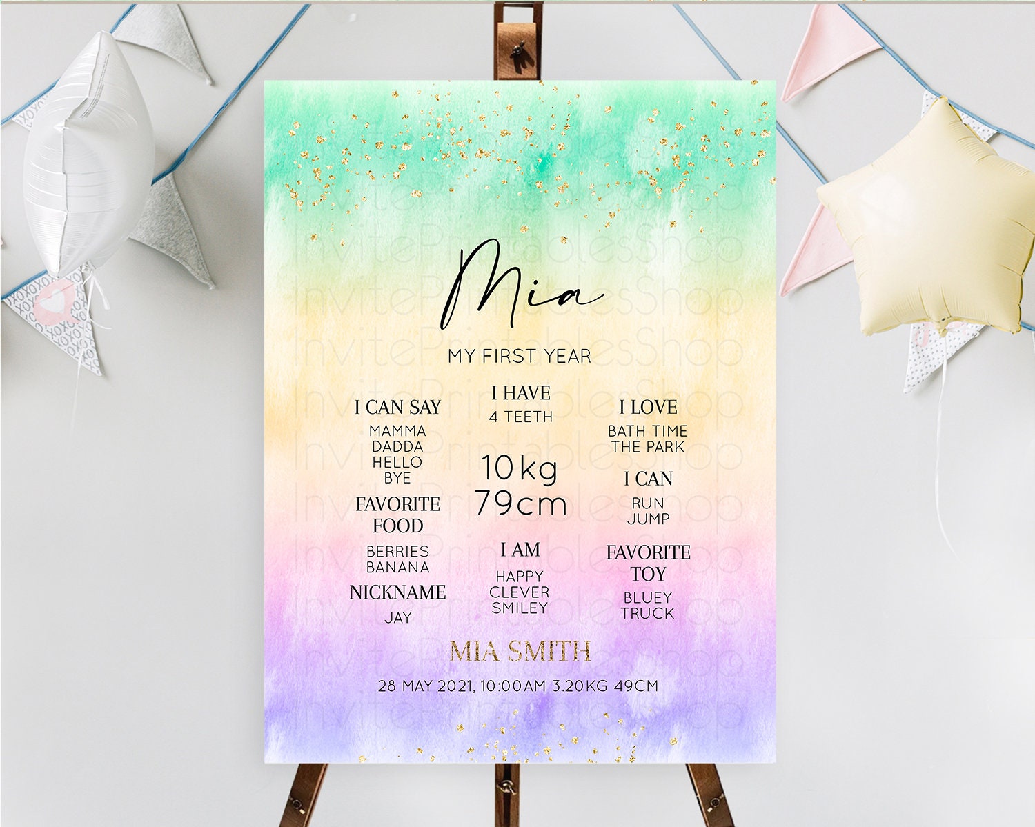 Editable Pastel First Birthday Milestone Board Pastel Rainbow Milestone Post