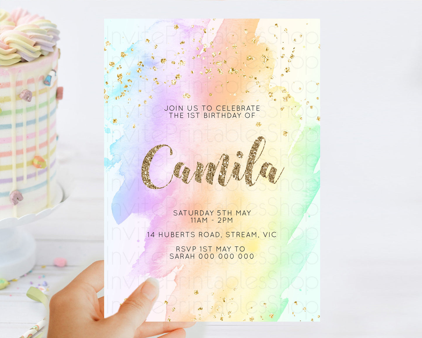 Rainbow Birthday Invitation Colorful Pastel Watercolor Invitation Gold Glitter Sprinkles Ombre Pastel 1st 2nd 3rd Birthday D10643