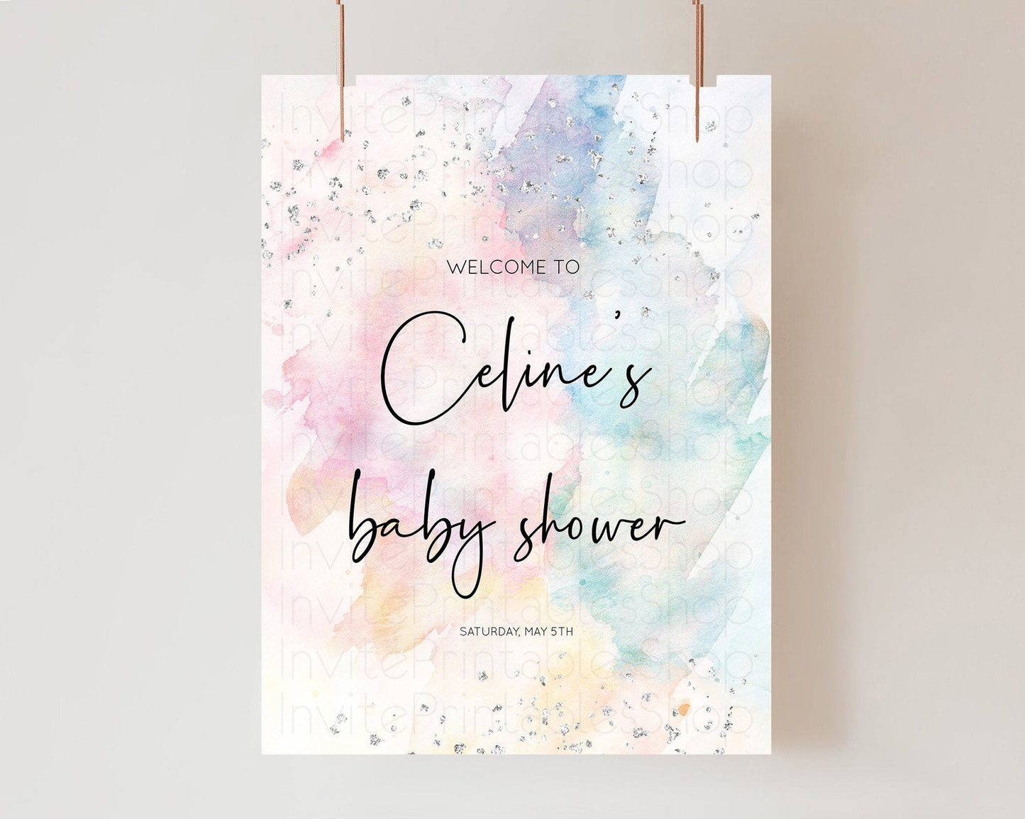 Pastel Rainbow Baby Shower Welcome Sign Pastel Welcome Board Pastel Colorful Party Poster Confetti Watercolor Silver Welcome Sign D10945