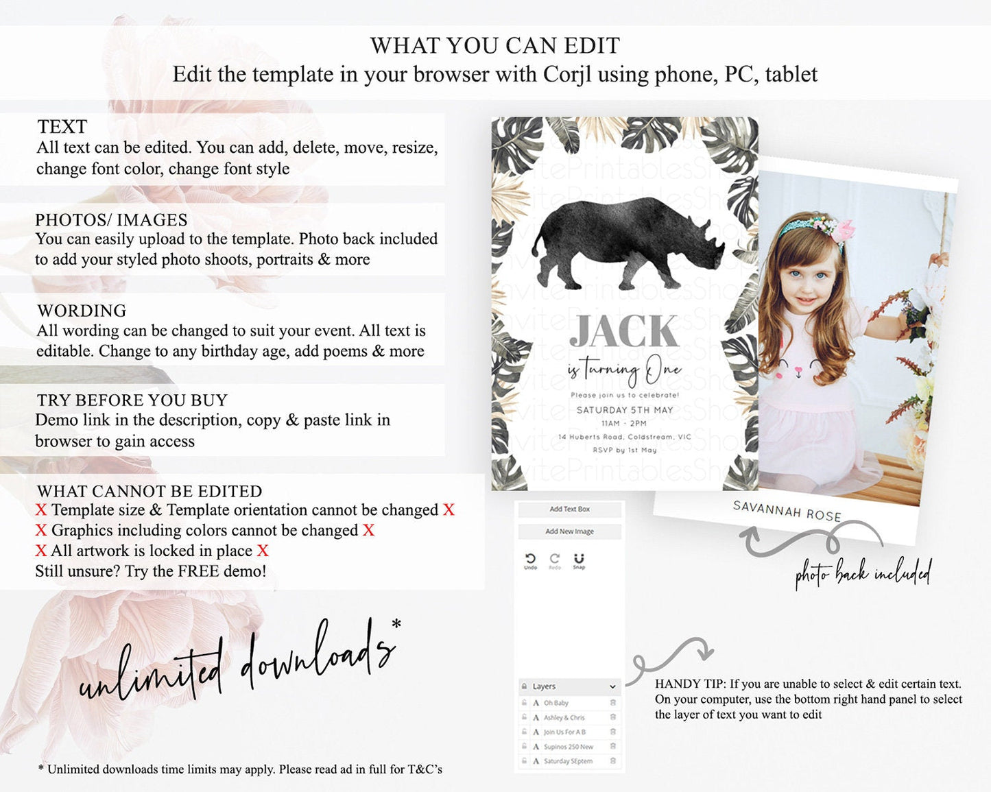 Rhino Birthday Invitation Rhino Invitation Rhino Birthday Rhino Safari Adventure Invite Rhino Palm Leaf Invite Zoo Party D10805