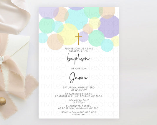 Pastel Baptism Invitation Pastel Confetti Baptism 1st Birthday Invitation Colorful Rainbow Confetti Bubbles Christening Invitation  D10414