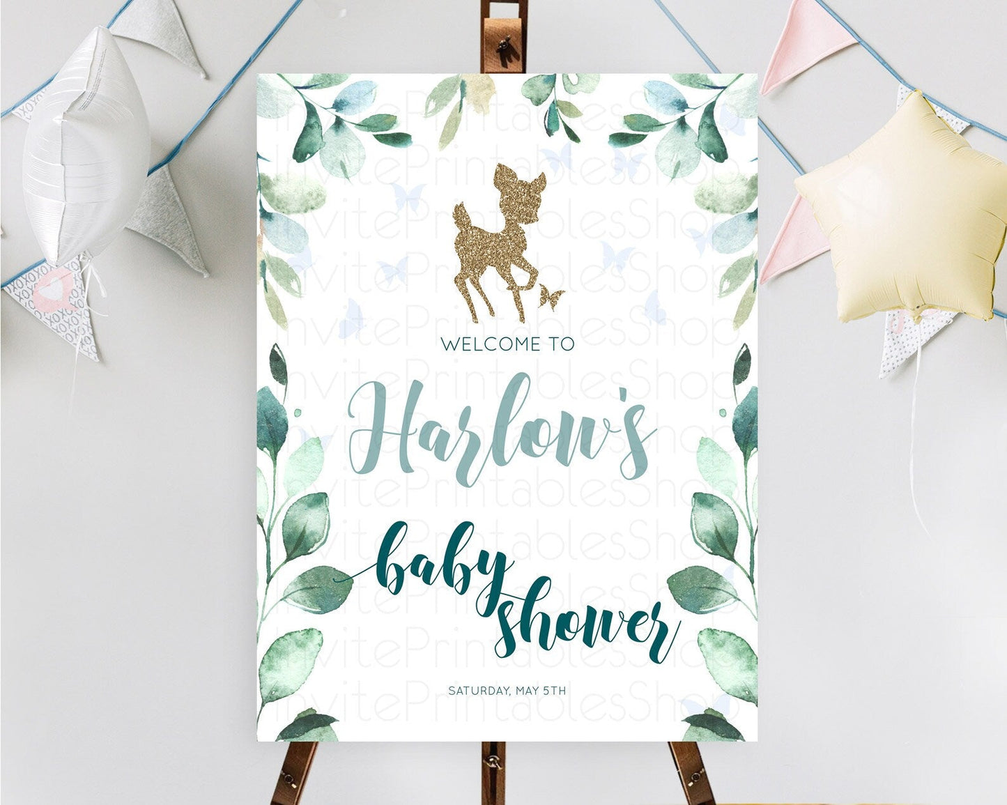 Fawn Baby Shower Welcome Sign Deer Welcome Board Floral Deer Welcome Poster Enchanted Forest Butterfly Pastel Floral Welcome Sign D10882