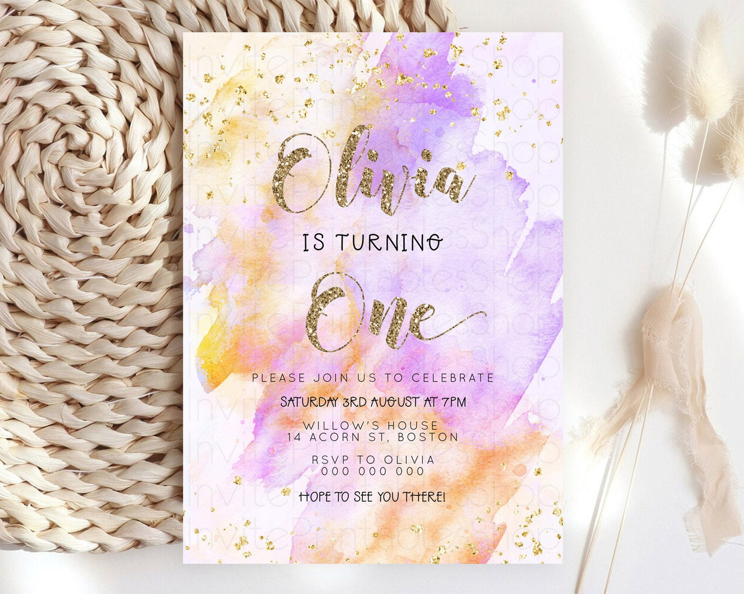 Rainbow Birthday Invitation Colorful Pastel Watercolor Invitation Gold Glitter Sprinkles Ombre Pastel 1st 2nd 3rd Birthday D23300