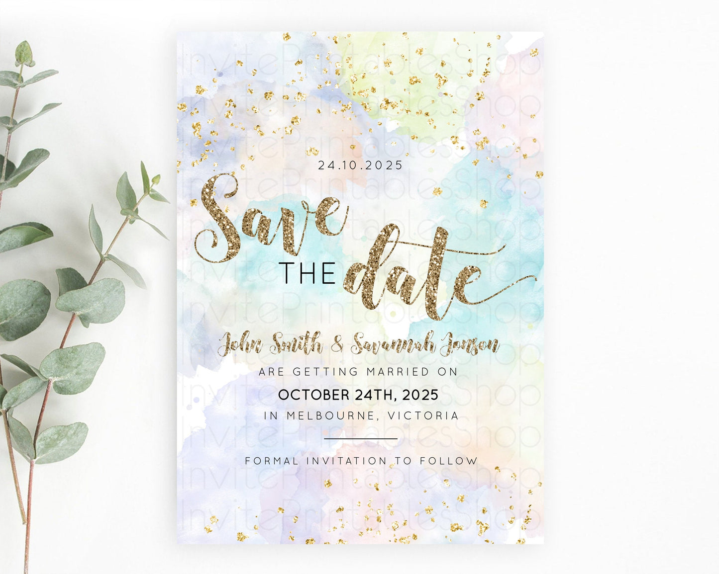 Pastel Save The Date Template Pastel Ombre Rainbow Watercolor Colorful Party For Birthday Baptism Baby Shower Wedding Bridal Shower D10613