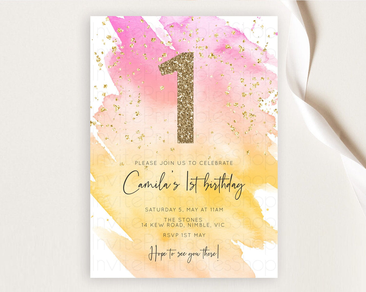 Rainbow Birthday Invitation Colorful Pastel Watercolor Invitation Gold Glitter Sprinkles Ombre Pastel 1st 2nd 3rd Birthday D10527