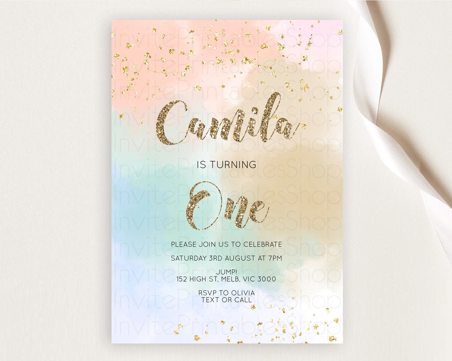 Rainbow Birthday Invitation Colorful Pastel Watercolor Invitation Gold Glitter Sprinkles Ombre Pastel 1st 2nd 3rd Birthday D10377