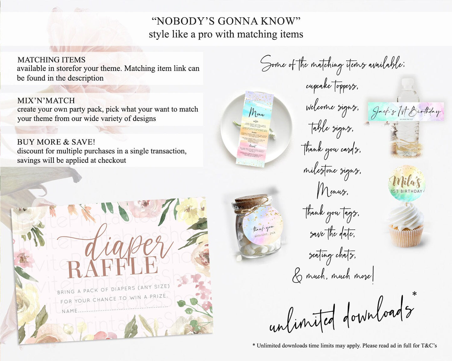 Secret Garden Diaper Raffle Card Boho Wildflower Diaper Raffle Insert Pastel Flower Garden Baby Shower Card Flower Raffle Game D10192