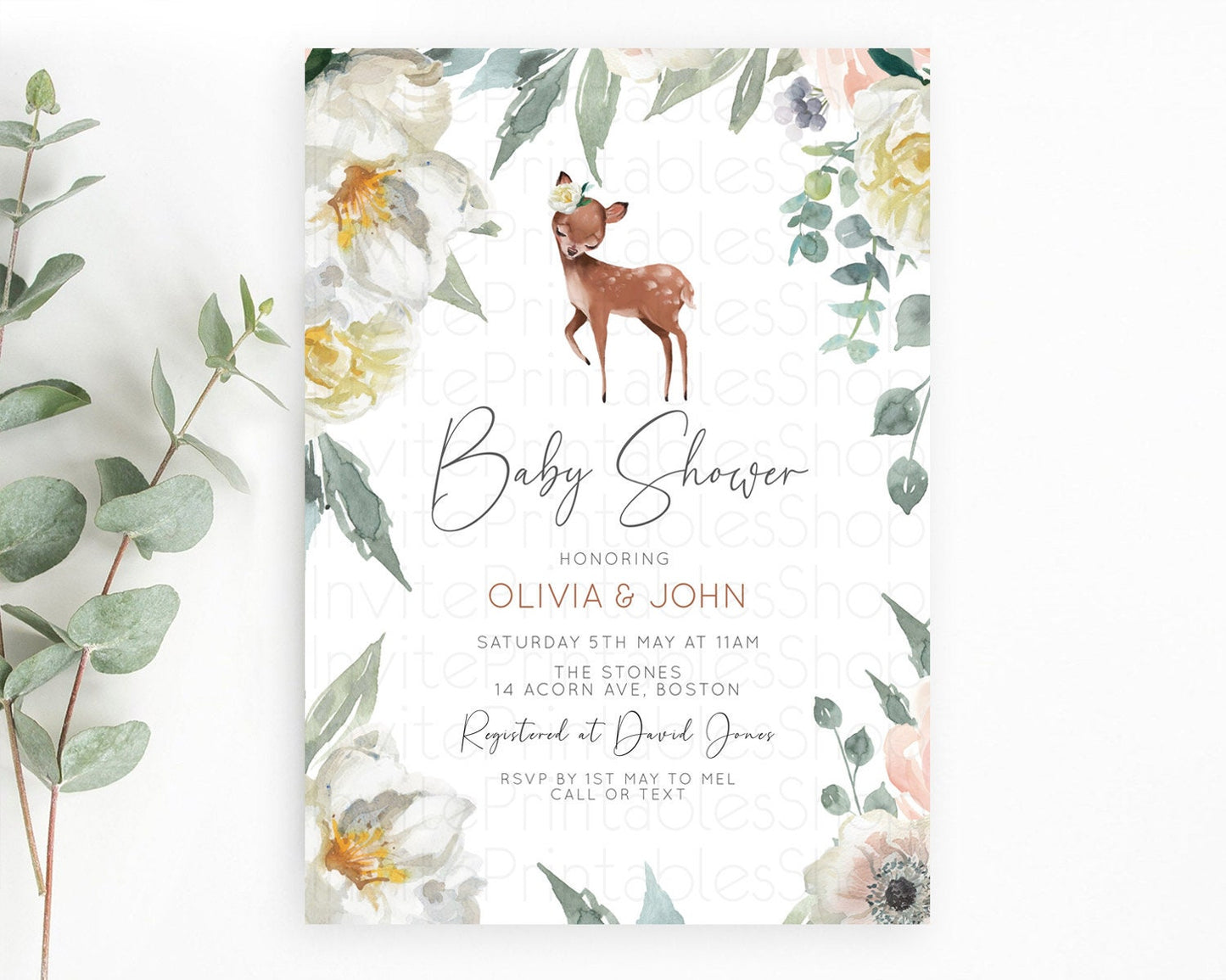 Fawn Baby Shower Invitation Deer Baby Shower Invites Enchanted Forest Theme Butterfly Pastel Flowers Whimsical Baby Shower D11030