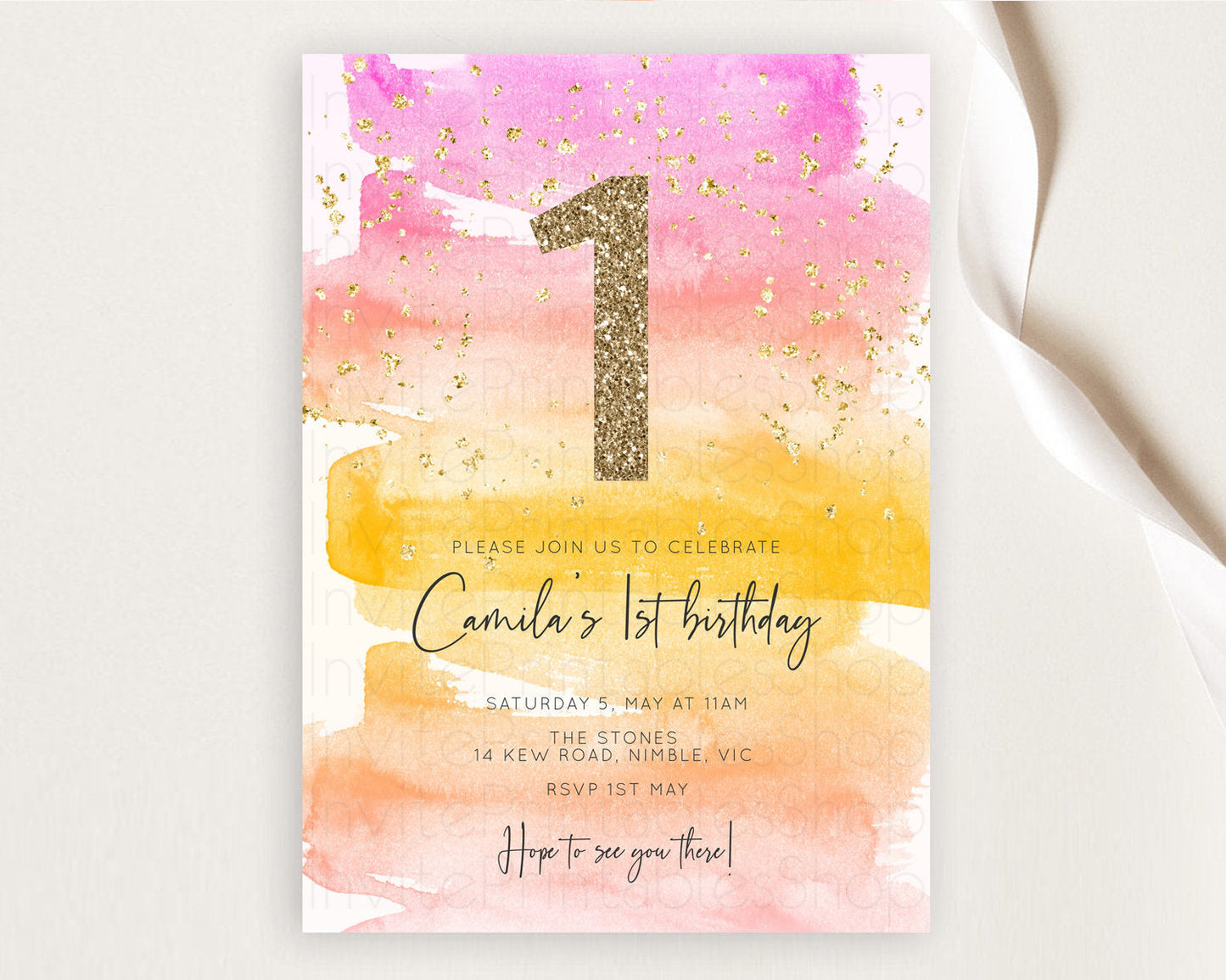Rainbow Birthday Invitation Colorful Pastel Watercolor Invitation Gold Glitter Sprinkles Ombre Pastel 1st 2nd 3rd Birthday D10520