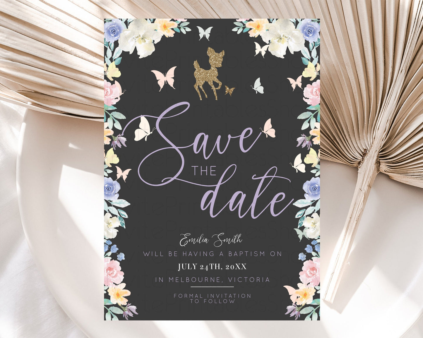 Fawn Deer Save The Date Template Pastel Floral Deer Enchanted Forest Butterfly Party 1st Birthday Baptism Baby Shower Bridal Shower D10323