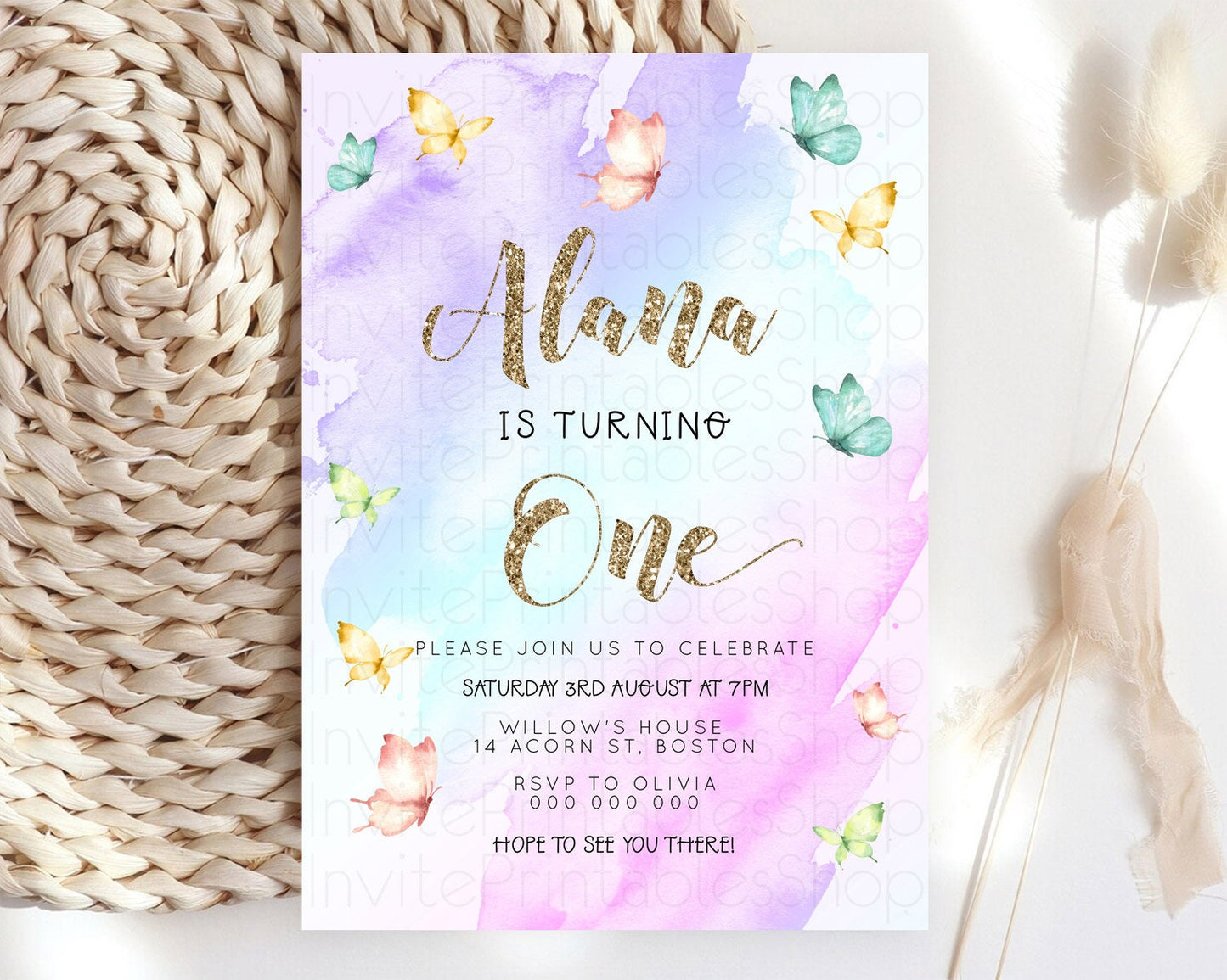 Pastel Butterfly Birthday Invitation Butterfly Birthday Invitation Colorful Splash Glitter Butterfly Garden 1st 2nd Birthday D23236