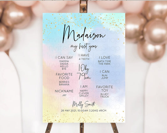 Pastel First Birthday Milestone Board Pastel Rainbow Milestone Poster Colorful Confetti Watercolor Glitter 1st Birthday Welcome Sign D10368